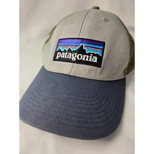 Patagonia P-6 Logo Trucker Hat Gray Blue Adjustable Snapback Mesh Cap
